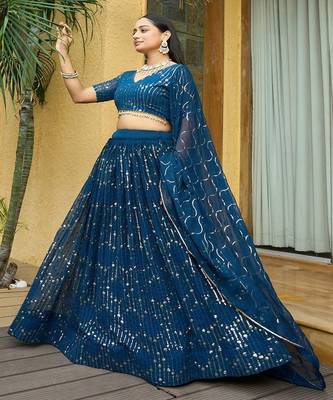 Embroidered Sequinned Semi Stitched Lehenga & Unstitched Blouse With Dupatta 3