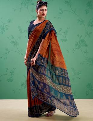 Rust orange classic rangoli silk printed saree 2