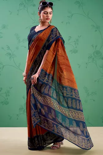 Rust orange classic rangoli silk printed saree
