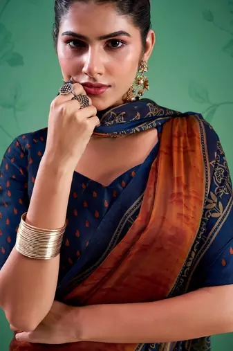 Rust orange classic rangoli silk printed saree