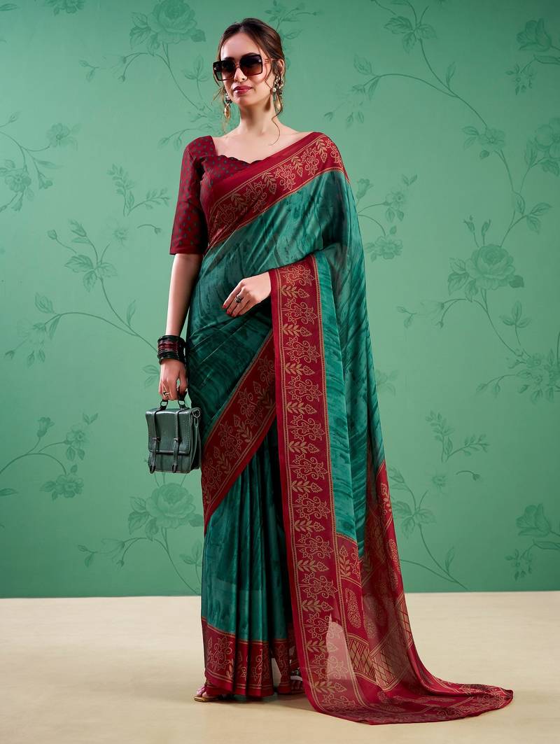 Teal classic rangoli silk printed saree