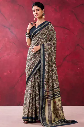 Black luxurious chanderi cotton printed with zari weaving work saree