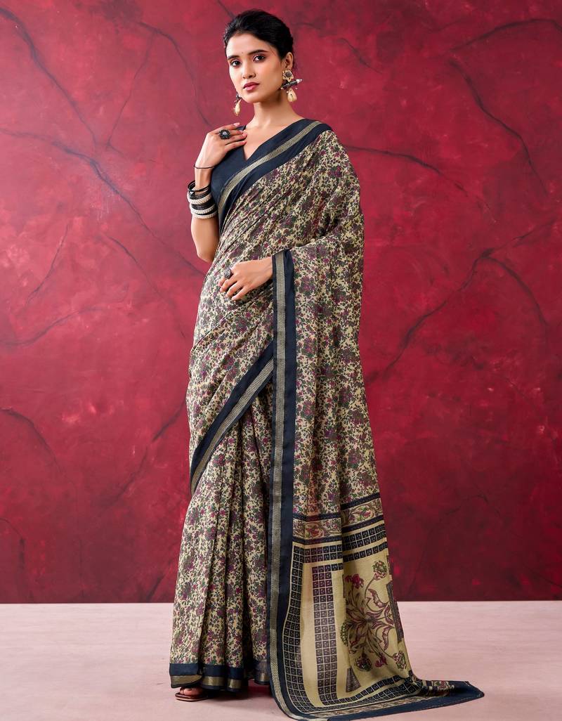 Black luxurious chanderi cotton printed with zari weaving work saree