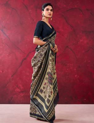 Black luxurious chanderi cotton printed with zari weaving work saree 2