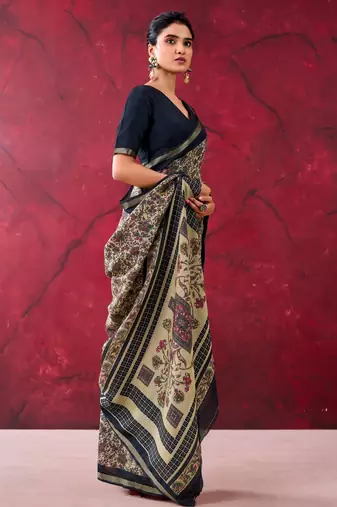 Black luxurious chanderi cotton printed with zari weaving work saree