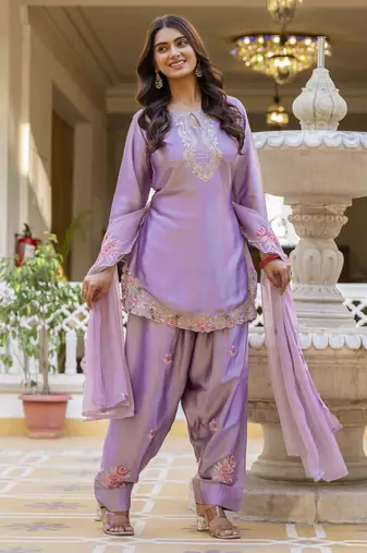 Lavender embroidered japan satin stitched kurti set with dupatta & patiyala pant