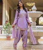 Lavender embroidered japan satin stitched kurti set with dupatta & patiyala pant