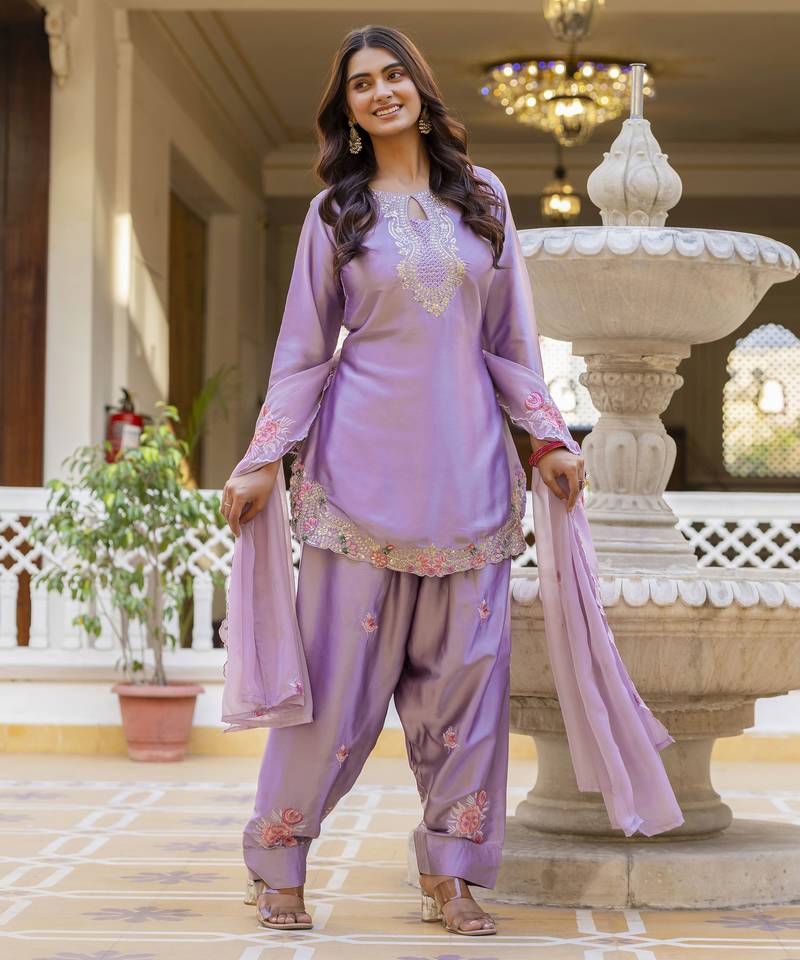 Lavender embroidered japan satin stitched kurti set with dupatta & patiyala pant