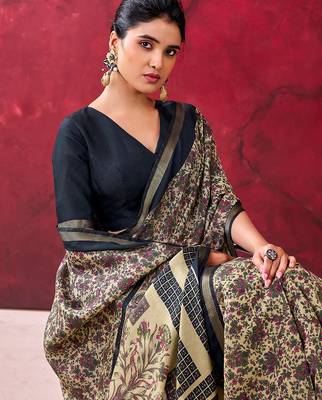 Black luxurious chanderi cotton printed with zari weaving work saree 3