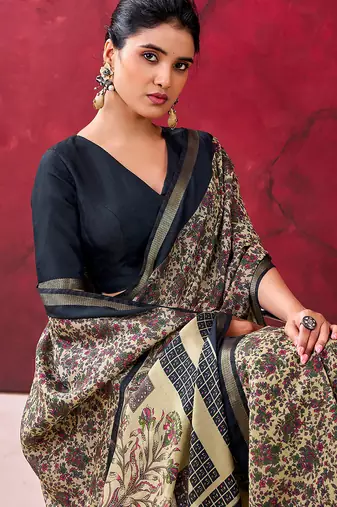 Black luxurious chanderi cotton printed with zari weaving work saree