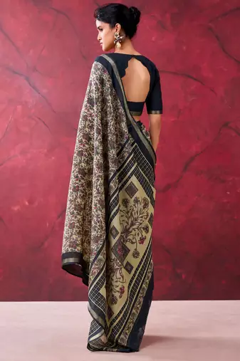 Black luxurious chanderi cotton printed with zari weaving work saree