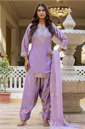 Lavender embroidered japan satin stitched kurti set with dupatta & patiyala pant