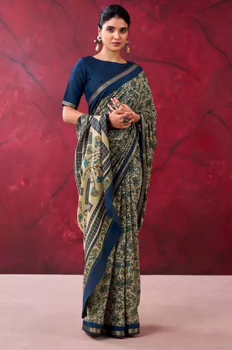 Navy blue luxurious chanderi cotton printed with zari weaving work saree