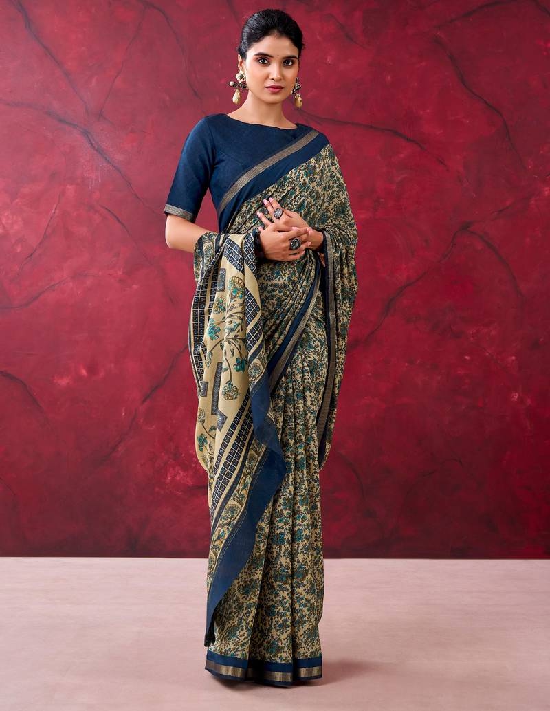Navy blue luxurious chanderi cotton printed with zari weaving work saree