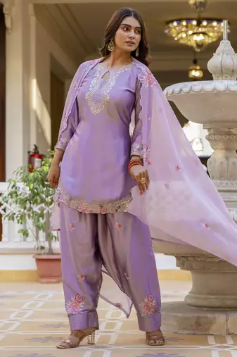 Lavender embroidered japan satin stitched kurti set with dupatta & patiyala pant