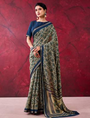 Navy blue luxurious chanderi cotton printed with zari weaving work saree 2