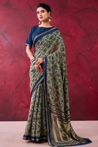 Navy blue luxurious chanderi cotton printed with zari weaving work saree