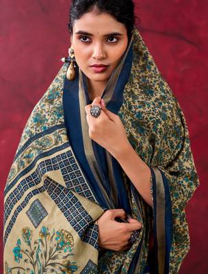 Navy blue luxurious chanderi cotton printed with zari weaving work saree 3
