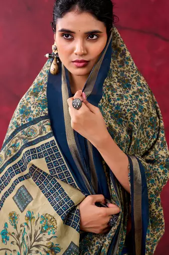 Navy blue luxurious chanderi cotton printed with zari weaving work saree