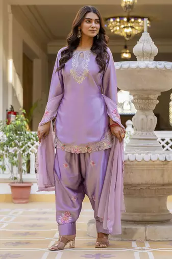 Lavender embroidered japan satin stitched kurti set with dupatta & patiyala pant