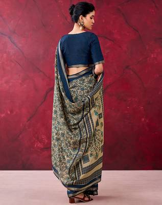Navy blue luxurious chanderi cotton printed with zari weaving work saree 4