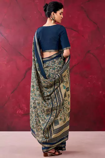 Navy blue luxurious chanderi cotton printed with zari weaving work saree