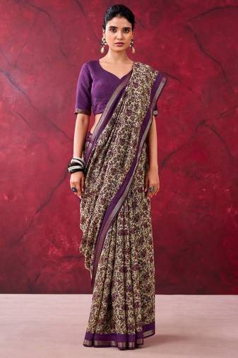Purple luxurious chanderi cotton printed with zari weaving work saree