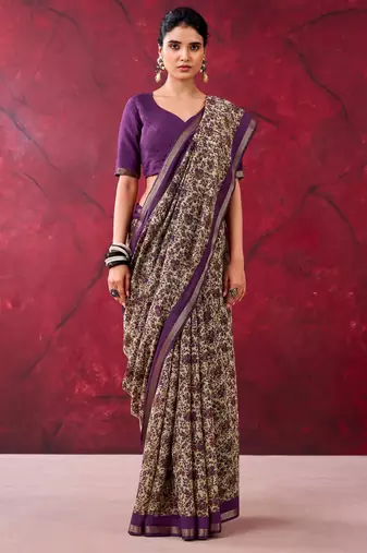 Purple luxurious chanderi cotton printed with zari weaving work saree