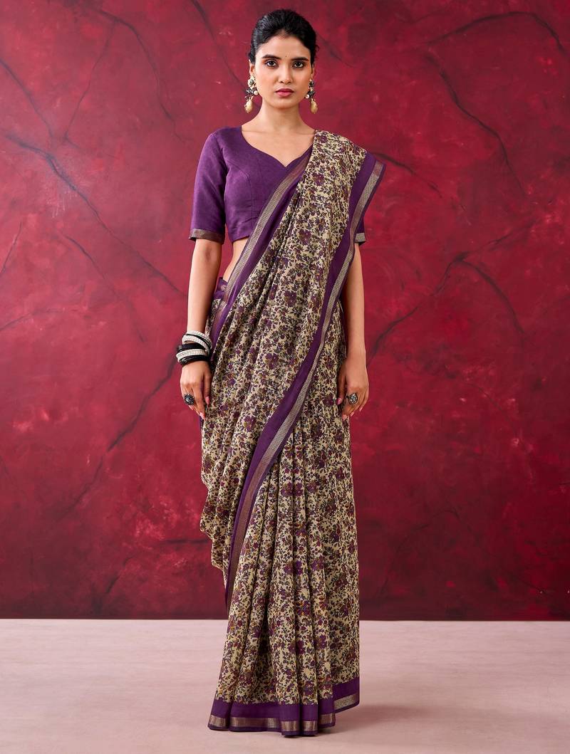 Purple luxurious chanderi cotton printed with zari weaving work saree