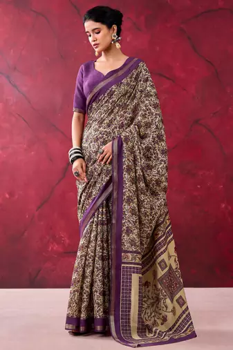 Purple luxurious chanderi cotton printed with zari weaving work saree