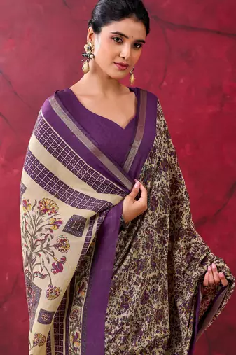 Purple luxurious chanderi cotton printed with zari weaving work saree