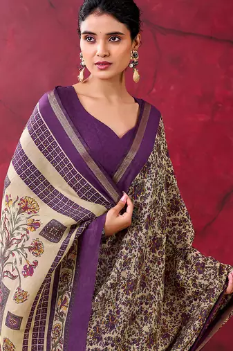 Purple luxurious chanderi cotton printed with zari weaving work saree