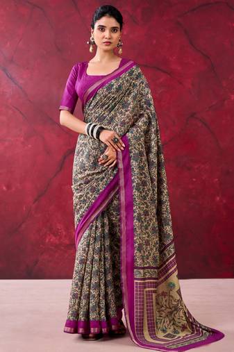 Wine luxurious chanderi cotton printed with zari weaving work saree