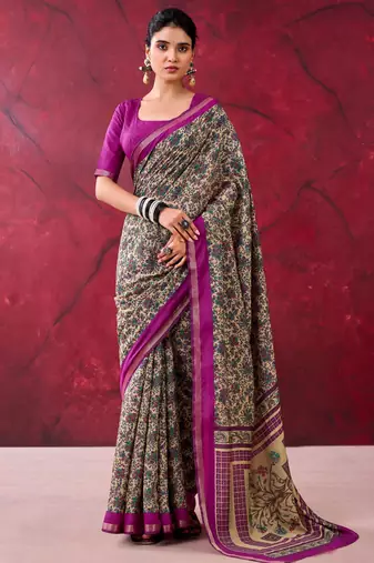 Wine luxurious chanderi cotton printed with zari weaving work saree