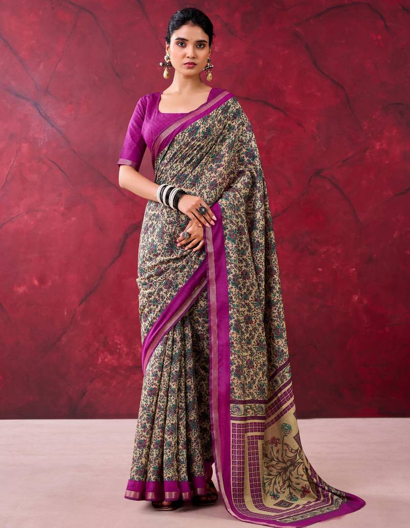 Wine luxurious chanderi cotton printed with zari weaving work saree