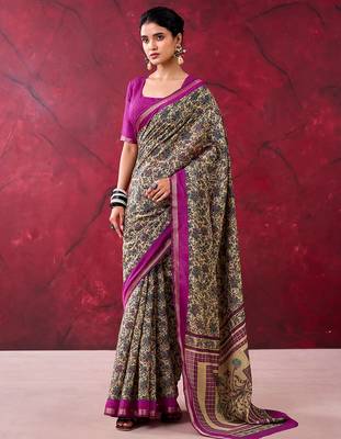Wine luxurious chanderi cotton printed with zari weaving work saree 2