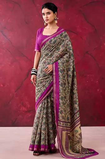 Wine luxurious chanderi cotton printed with zari weaving work saree