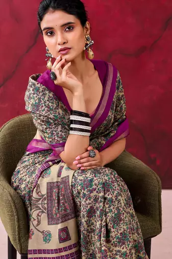 Wine luxurious chanderi cotton printed with zari weaving work saree