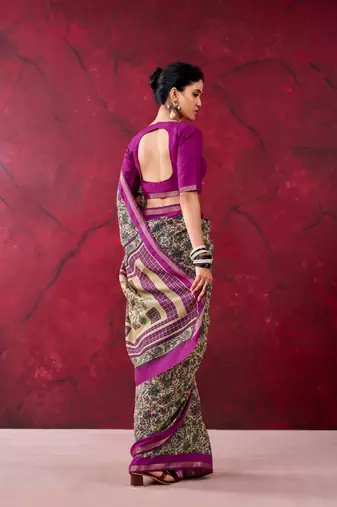Wine luxurious chanderi cotton printed with zari weaving work saree