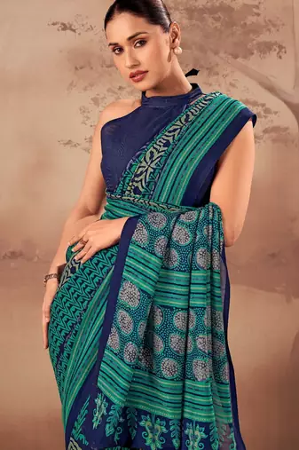 Firozi beautifully printed poly mal cotton saree