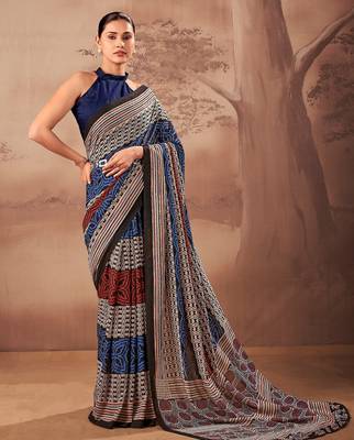 Navy blue beautifully printed poly mal cotton saree 1