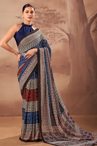 Navy blue beautifully printed poly mal cotton saree