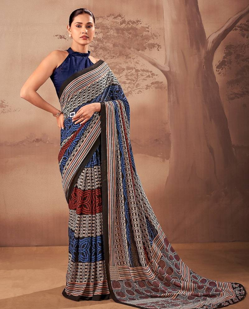 Navy blue beautifully printed poly mal cotton saree