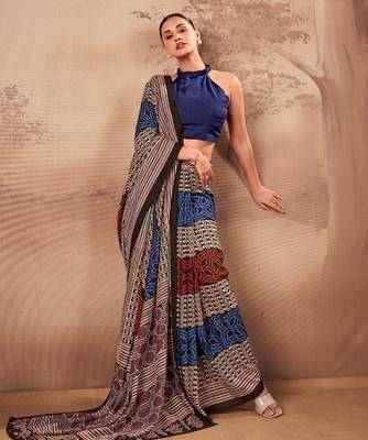 Navy blue beautifully printed poly mal cotton saree 2