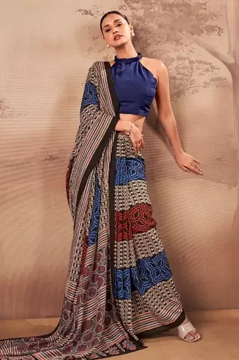 Navy blue beautifully printed poly mal cotton saree