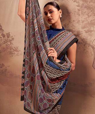 Navy blue beautifully printed poly mal cotton saree 3