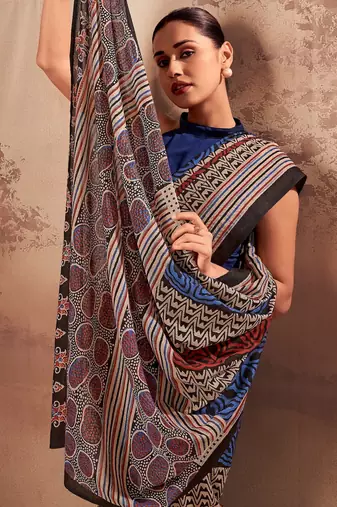 Navy blue beautifully printed poly mal cotton saree