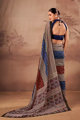 Navy blue beautifully printed poly mal cotton saree