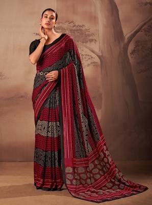 Red beautifully printed poly mal cotton saree 1