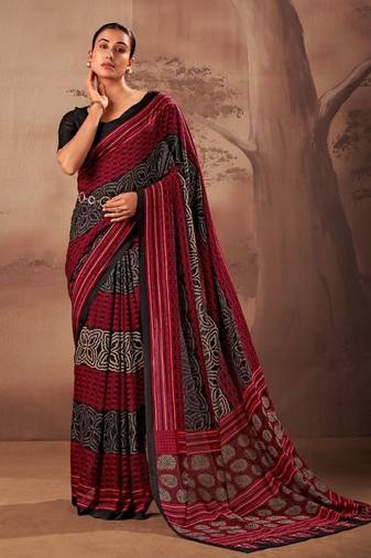 Red beautifully printed poly mal cotton saree